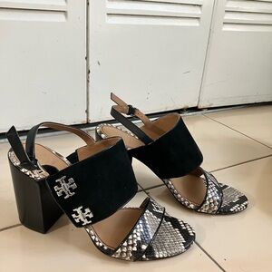 Tory Burch Black and Snake Pattern Leather Heels Sandals